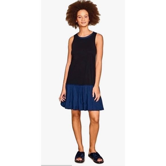 KINLY Dresses & Skirts - KINLY TWIN TIE DRESS BLK & BLUE SZ L